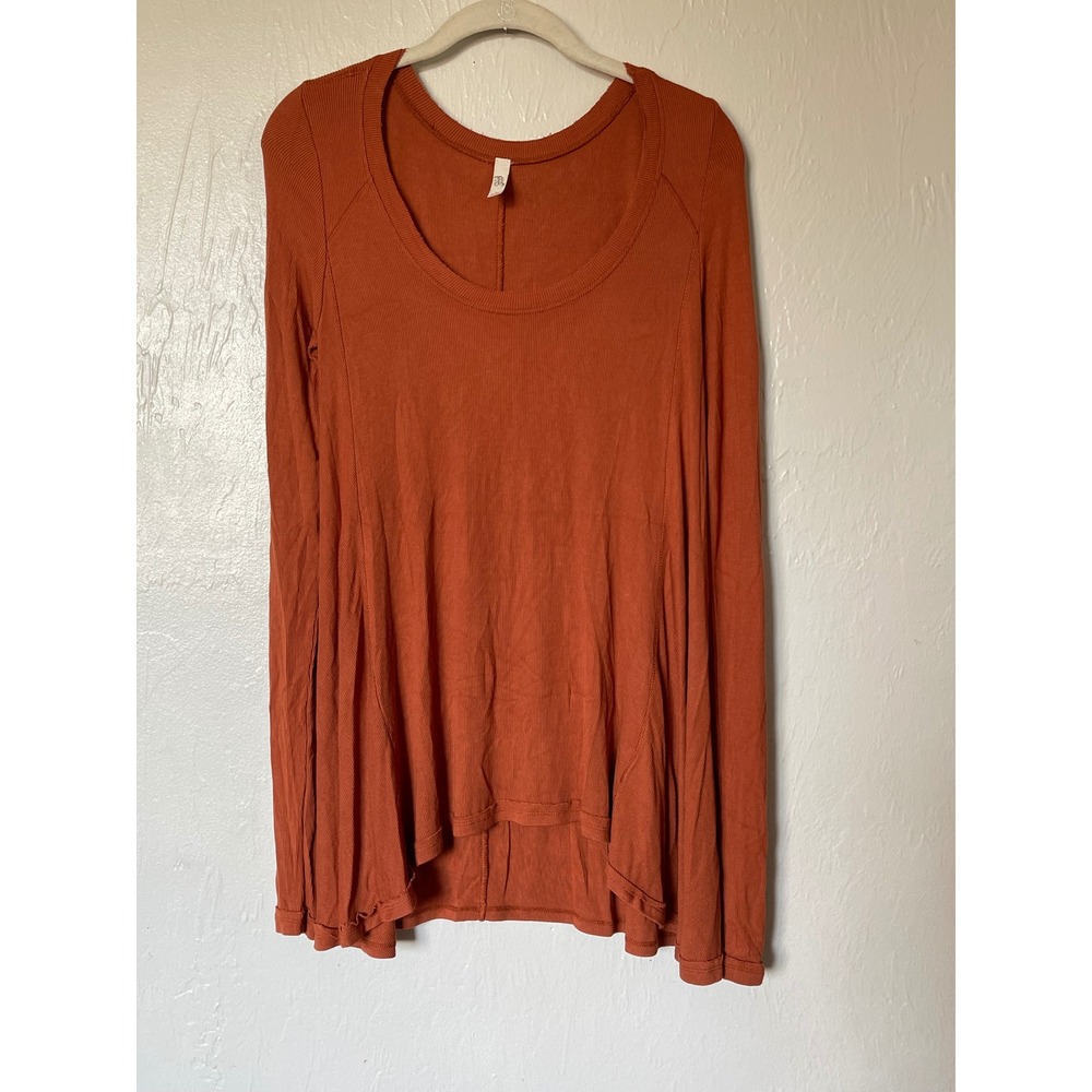 Free People We The Free Rust Orange Ribbed Scoop Neck High Low Thermal Top Small